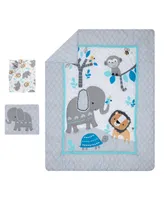 Bedtime Originals Jungle Fun Gray/Blue/White Elephant, Lion and Monkey 3-Piece Baby Nursery Crib Bedding Set