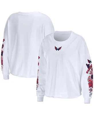 Women's Wear by Erin Andrews White Washington Capitals Celebration Cropped Long Sleeve T-shirt