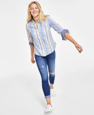 Tommy Hilfiger Womens Striped Roll Tab Shirt Waverly Cuffed Skinny Jeans