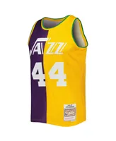 Men's Mitchell & Ness Pete Maravich Purple, Yellow New Orleans Jazz Hardwood Classics 1974-75 Split Swingman Jersey