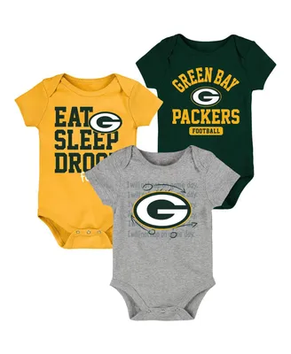 Newborn and Infant Boys Girls Green, Gold Green Bay Packers Eat Sleep Drool Football Three-Piece Bodysuit Set