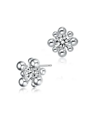 Genevive Gv Sterling Silver White Gold Balls with Clear Round Cubic Zirconia Stud Earrings