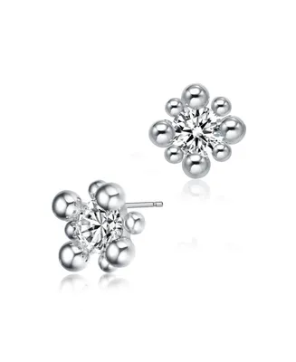 Gv Sterling Silver White Gold Balls with Clear Round Cubic Zirconia Stud Earrings