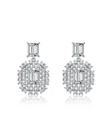 Genevive Gv Sterling Silver White Gold Plated Clear Emerald with Round Cubic Zirconia Lace Cluster Drop Earrings