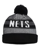 Big Boys New Era Black Brooklyn Nets Stripe Cuffed Knit Hat with Pom