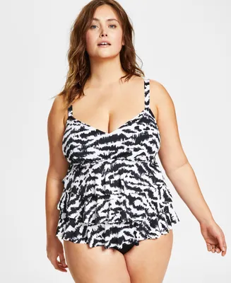 Swim Solutions Plus Size Tummy Control Triple Tier Fauxkini, Created For Macy's