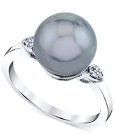 Cultured Tahitian Pearl (10mm) & Diamond Accent Ring in 10k White Gold