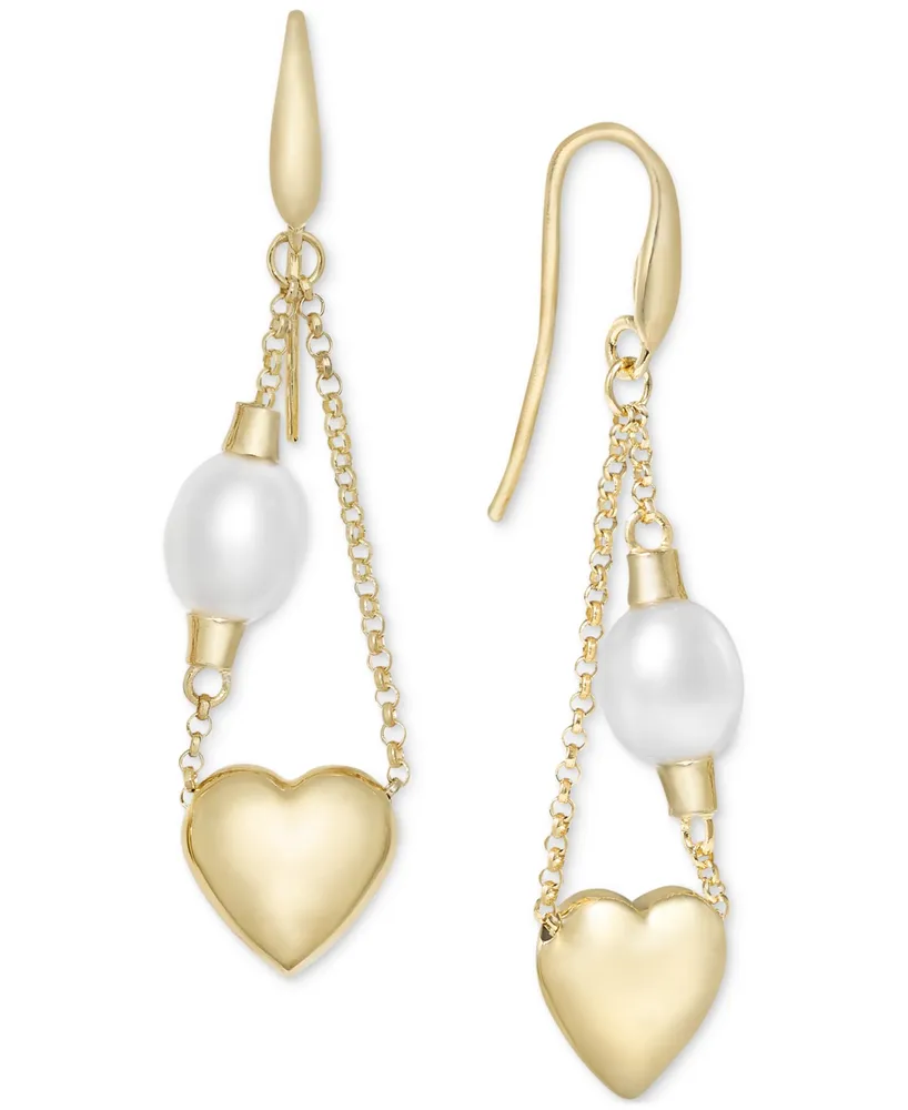 Cultured Freshwater Pearl (7 1/4 x 8mm) Chain Heart Drop Earrings in 14k Gold-Plated Sterling Silver