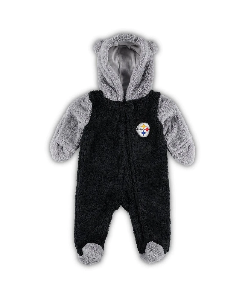 Newborn Infant Boys and Girls Black, Gray Pittsburgh Steelers Game Nap Teddy Fleece Bunting Full-Zip Sleeper