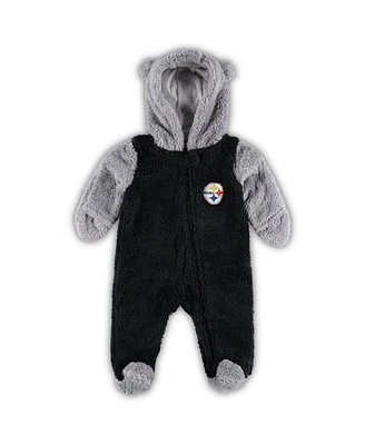 Newborn Infant Boys and Girls Black, Gray Pittsburgh Steelers Game Nap Teddy Fleece Bunting Full-Zip Sleeper