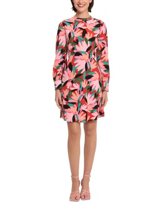 Donna Morgan Women's Floral-Print Buttoned-Cuff Long-Sleeve Dress