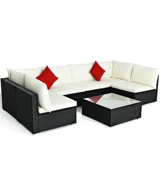 7PCS Patio Rattan Furniture Set Sectional Sofa Cushioned Glass Table