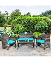 4PCS Patio Rattan Furniture Set Conversation Glass Table Top Cushioned