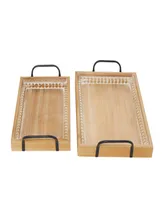 Rosemary Lane Wood Carved Beaded Tray with Metal Handles, Set of 2, 21", 18" W