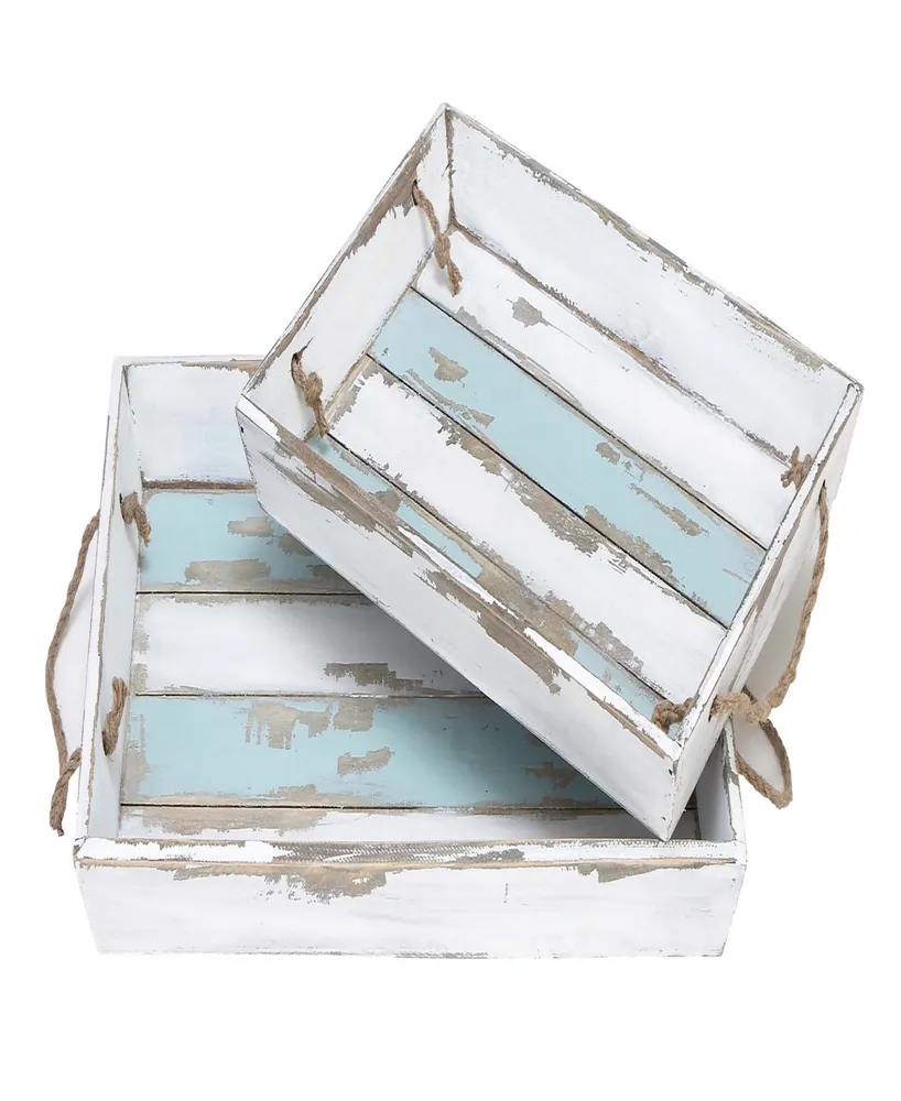 Rosemary Lane White Wood Tray with Blue Stripe, Set of 2, 18", 15" W