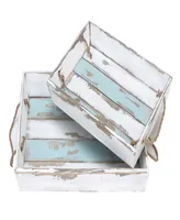 Rosemary Lane White Wood Tray with Blue Stripe, Set of 2, 18", 15" W