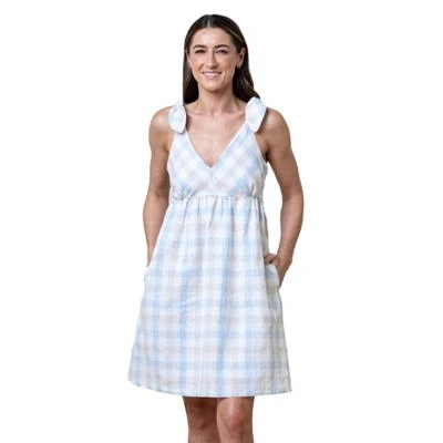 Mommy Me Linen Bow Shoulder Dresses In Taupe Blue Check