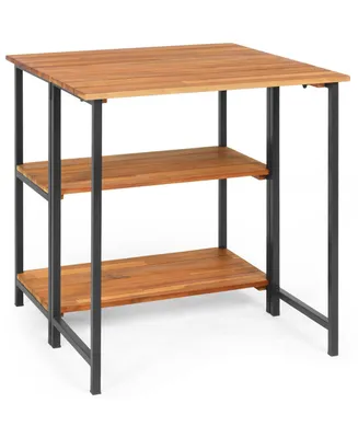 Patio Acacia Wood Folding Dining Table Storage Shelves Garden Deck