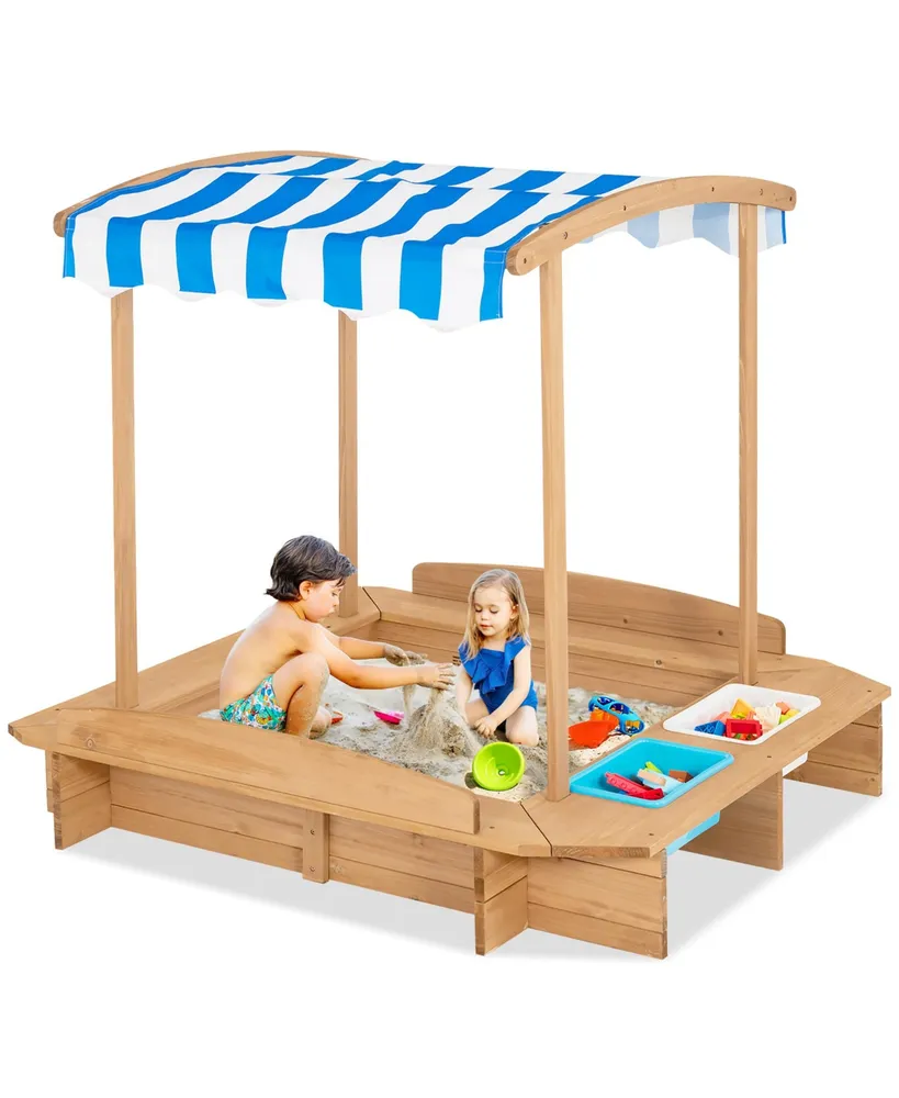 Kids Large Wooden Sandbox w/ 2 Bench Seats Outdoor Play Station for Children