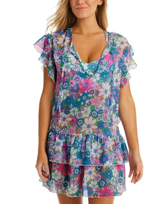 Jessica Simpson Women's Printed Crazy Daisy Tiered Flutter-Sleeve Tie-Neck Swim Cover-Up