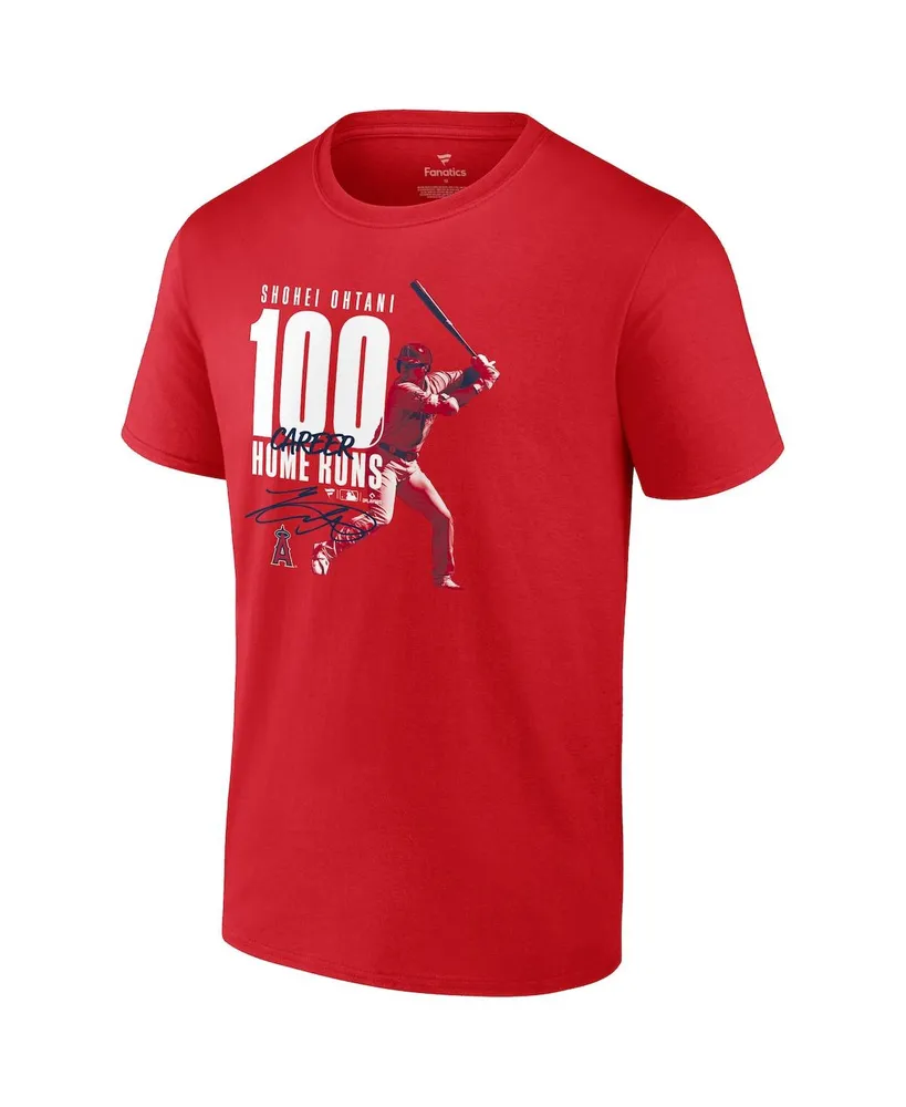 Men's Fanatics Shohei Ohtani Red Los Angeles Angels 100th Career Home Run T-shirt