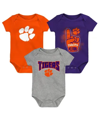 Infant Boys and Girls Orange, Purple, Heathered Gray Clemson Tigers 3-Pack Game On Bodysuit Set