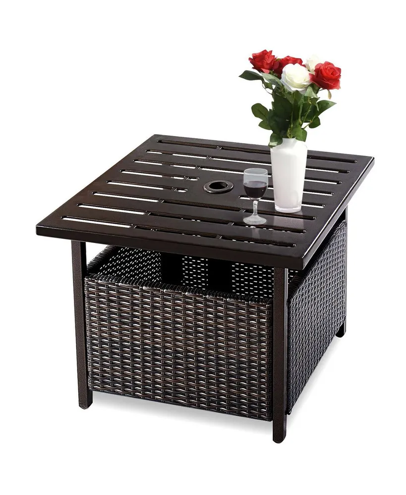 Costway Brown Rattan Wicker Steel Side Table Outdoor Furniture Deck