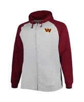 Men's Heather Gray Washington Commanders Big and Tall Fleece Raglan Full-Zip Hoodie Jacket