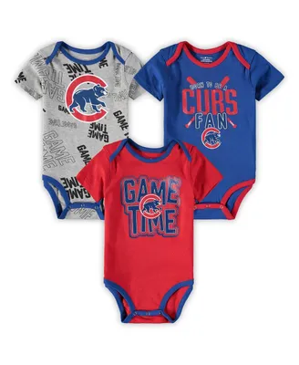 Newborn and Infant Boys Girls Chicago Cubs Royal, Red, Heathered Gray Game Time Three-Piece Bodysuit Set