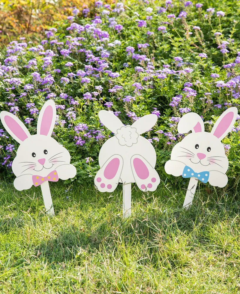 Glitzhome 15" H Easter Wooden Bunny Pick, Yard Stake, Set of 3