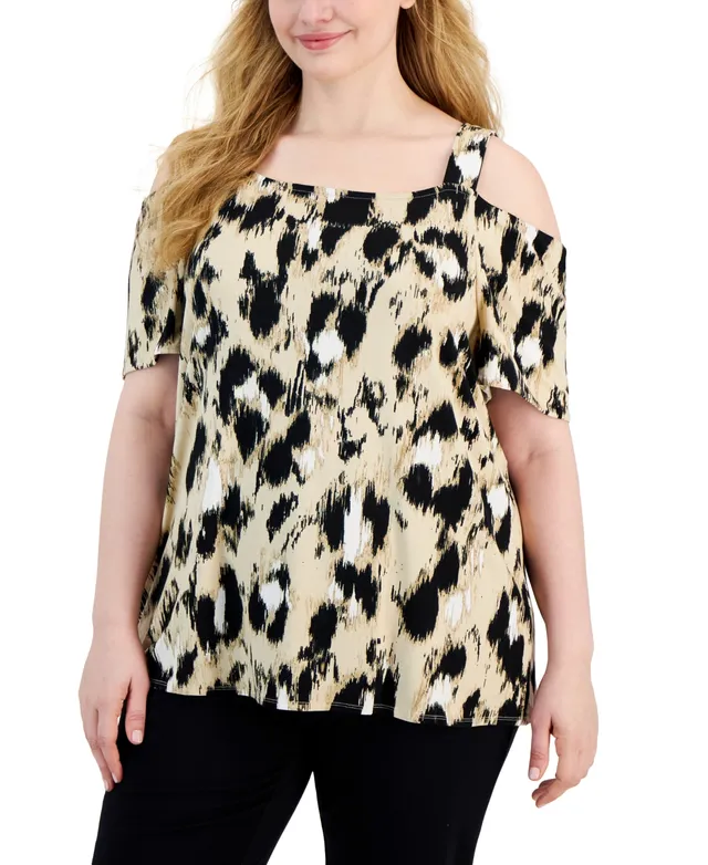 Jm Collection Plus Strokes Square-Neck Cold-Shoulder Top, Created