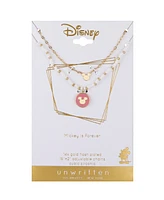 Disney 14k Gold Plated Mickey Mouse Pink Charm White Beaded and Link Chain Necklace Set, 2 Piece