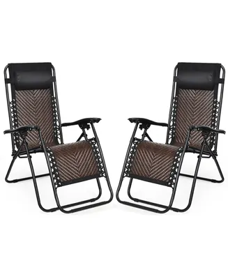 2PCS Patio Rattan Zero Gravity Lounge Chair Folding Recliner Headrest