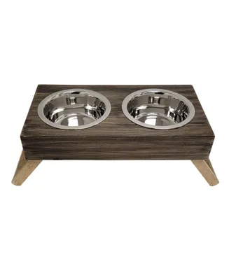 Country Living Classic Elevated Pet Feeder - Solid Mango Wood with Brown Polished Finish, Includes 2 Small (12 oz) Stainless Steel Bowls