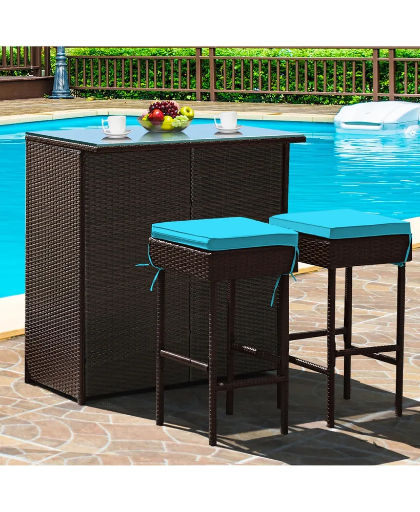 3PCS Patio Rattan Wicker Bar Table Stools Dining Set Cushioned Chairs