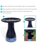 21" H Ceramic Bird Bath for Outside - Hand-Painted Outdoor Bird Bath Bowl, Uv/Frost-Resistant Finish - Dark Blue - Cut Out Pedestal