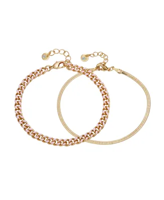 Unwritten 14K Gold Flash-Plated Light Enamel Curb Chain and Herringbone Chain Bracelet Set