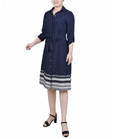 Ny Collection Petite 3/4 Roll Tab Sleeve Belted Shirtdress