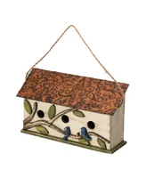 Glitzhome 15.75" L Oversized Washed Distressed Solid Wood Cottage Birdhouse with 3D Tree and Bird
