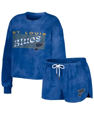 Women's Wear by Erin Andrews Blue St. Louis Blues Tie-Dye Cropped Pullover Sweatshirt and Shorts Lounge Set