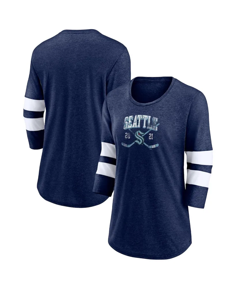 Women's Fanatics Heather Deep Sea Blue Seattle Kraken Line Shift Tri-Blend Three-Quarter Sleeve T-shirt