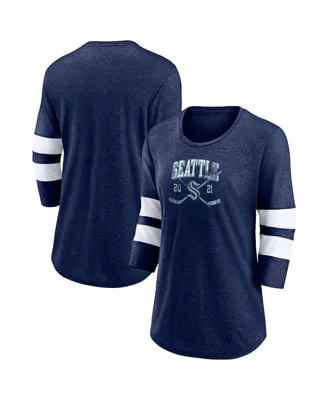 Women's Fanatics Heather Deep Sea Blue Seattle Kraken Line Shift Tri-Blend Three-Quarter Sleeve T-shirt