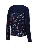 Women's Concepts Sport Navy Atlanta Braves Breakthrough Allover Print Long Sleeve V-Neck T-shirt and Shorts Sleep Set