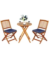 Costway 3PCS Patio Folding Wooden Bistro Set Cushioned Chair Conversation Garden