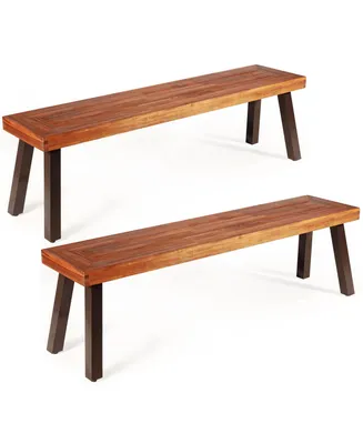 Set of 2 Patio Acacia Wood Dining Bench with Rustic Steel Legs Outdoor Indoor