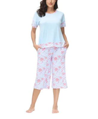 Ink+Ivy Women's Solid Short Sleeve T-shirt with Printed Capri 2 Piece Pajama Set