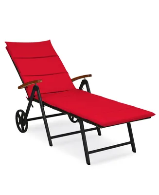 Costway Folding Patio Rattan Lounge Chair Cushioned Aluminum w/ Wheel