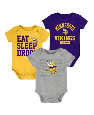 Newborn and Infant Boys and Girls Purple, Gold Minnesota Vikings Eat Sleep Drool Football Three-Piece Bodysuit Set