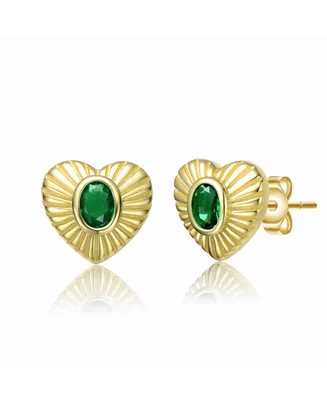 Genevive Sterling Silver 14k Yellow Gold Plated with Emerald Cubic Zirconia Sunray Heart Stud Earrings