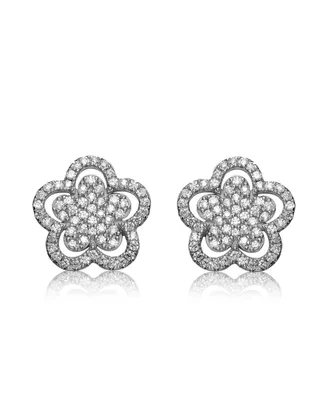 Genevive Sterling Silver In White Gold Plating Cubic Zirconia Double flower Stud Earrings